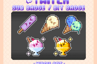 create cute pixel twitch sub badges and bit badges