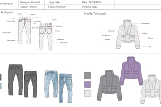 create professional fashion tech pack and technical sketch