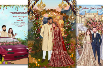 make customized wedding invitation illustration card with couple cartoon