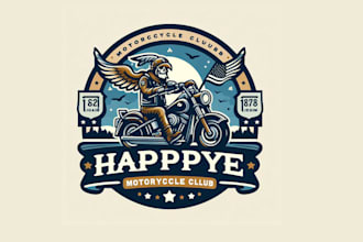 creative happy motorcycle club mascot logo for your company