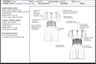 create a detailed flat sketch and tech pack