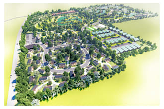 3d render masterplan, commercial space, and backyard garden