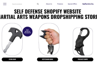 design 7 figures self defense tools website martial arts weapons shopify store