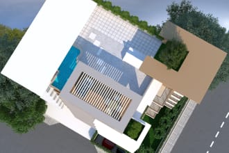 design rooftop 3d landscape, garden, backyard, patio, outdoor with 3d rendering