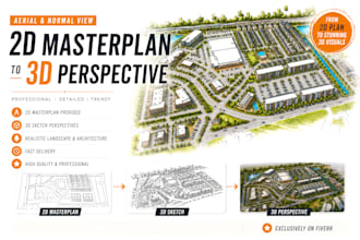 create architectural perspective and aerial birds eye views