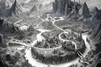 do line art fantasy map illustration