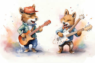 watercolor animal illustrations for children activity book, cartoon animals