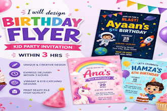 design birthday flyer kids party invitations within 3 hrs