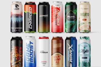 create beer, water bottle, milk, coffee and energy drink can label