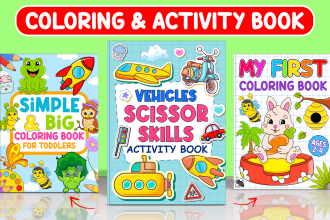 do children activity book, kids coloring book cover and pages for KDP