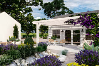 design backyard, landscape, patio, pergola, garden, pool