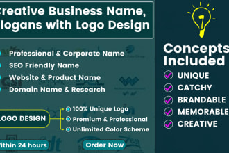 create iconic brandable business name,slogans, idea and logo