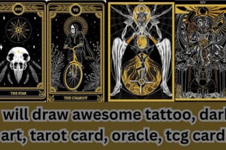 draw awesome tattoo, dark art, tarot card, oracle, tcg card