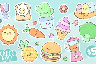 design cute kawaii doodle stickers, emoticons, cartoon character