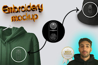 do realistic embroidery mockup on hats, tshirts, hoodie , etc