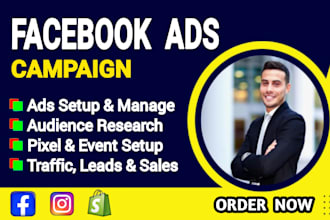 setup and manage facebook ads campaign, shopify ads, ig ads