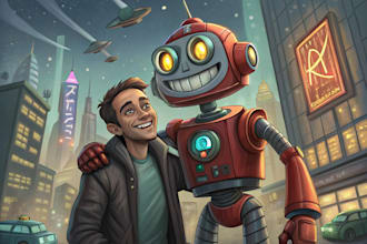 create sci fi robot character logo and friendship portrait
