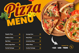 make modern food menu, menu card, food flyer,  pizza menu in 12 hours