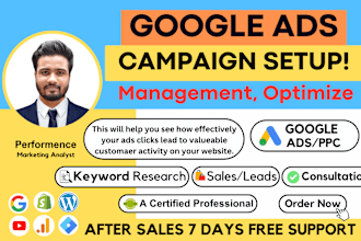 setup and manage your google ads ppc search, display, youtube or pmax campaigns