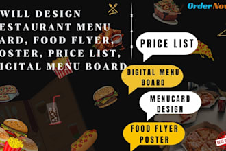 design restaurant menu card, food flyer, poster, price list, digital menu board