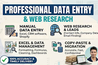 do excel data entry, CRM data entry, shopify data entry