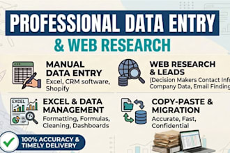 do excel data entry, CRM data entry, shopify data entry