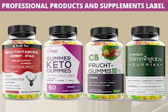 make label for supplements design, products, protein, vitamins, gummies