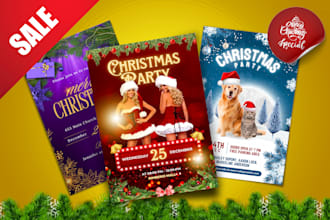 design christmas flyer, holiday card, social post, banner, poster, menu, collage
