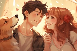 draw anime couple portrait, anime family portrait, pet, ghibli illustrations