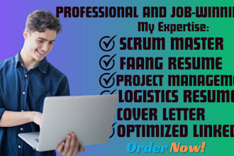 write scrum master, faang, project management, pmp, medical, logistics resume