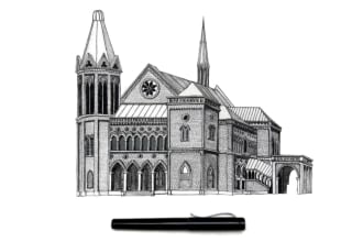 draw black and white ink sketches of house or building