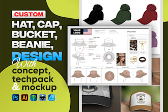 design custom hats, caps, beanies with tech pack and mockup