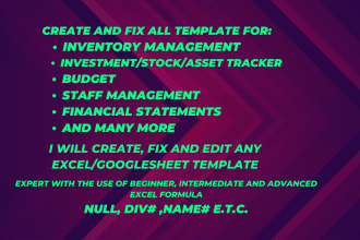 create,fix excel googlesheet template,do inventory,research,financial data entry