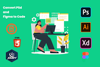 convert your figma,adobe xd,and PSD to HTML,CSS ,jquery, bootstrap and tailwind