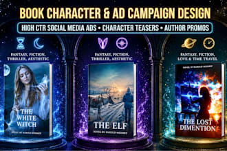 design book promotion banners and character graphics for KDP