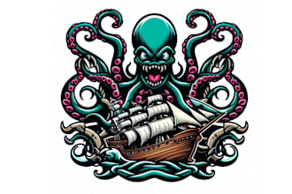 create an awesome kraken octopush mascot ship logo for your business
