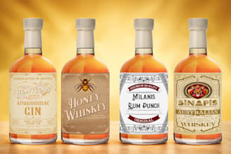 do label for beverage, juice, beer, whiskey, vodka, wine, can, gin and mockup