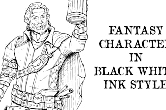 draw fantasy dnd, rpg, character in black white ink style