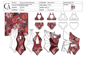 design cad flat sketch or technical package for swimsuit, bikini