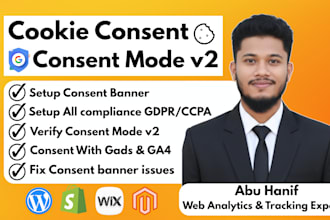 set up cookie consent banner, google consent mode v2, gdpr privacy by GTM, ga4