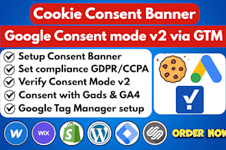 set up cookie consent banner, google consent mode v2, gdpr privacy by GTM, ga4