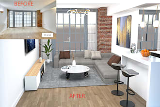 design realistic 3d  model and render of your kitchen,livingroom or bedroom