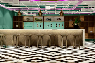 create modern and striking cafe interior design with photorealistic renders
