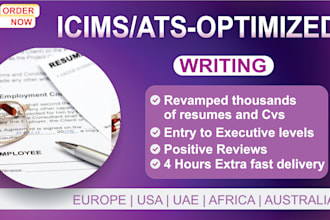 offer ats icims optimized resume, CV, cover ltr within a 12 hour turnaround time