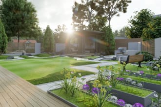 landscape, backyard, garden design with 3d renders