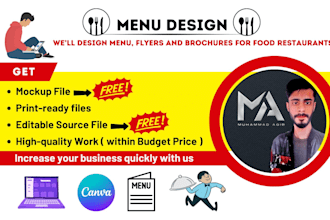 design creative food menus, flyers, and brochures for restaurants, and cafes