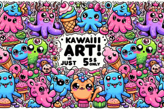 create cute kawaii animals, foods characters illustration art or stickers