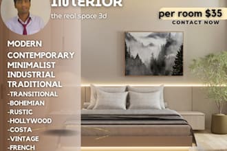 create 3d max interior designs for the bedroom, bathroom, kitchen, and hallway