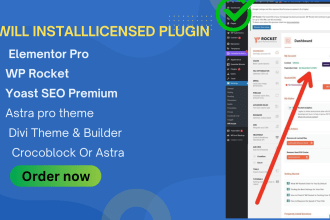 install wp rocket, elementor pro, divi, licensed plugin