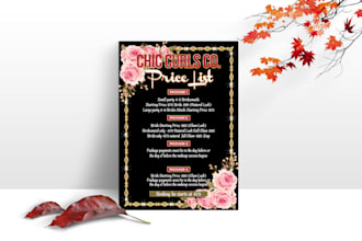 design luxury price list, spa, salon, gym, and price menu for any business